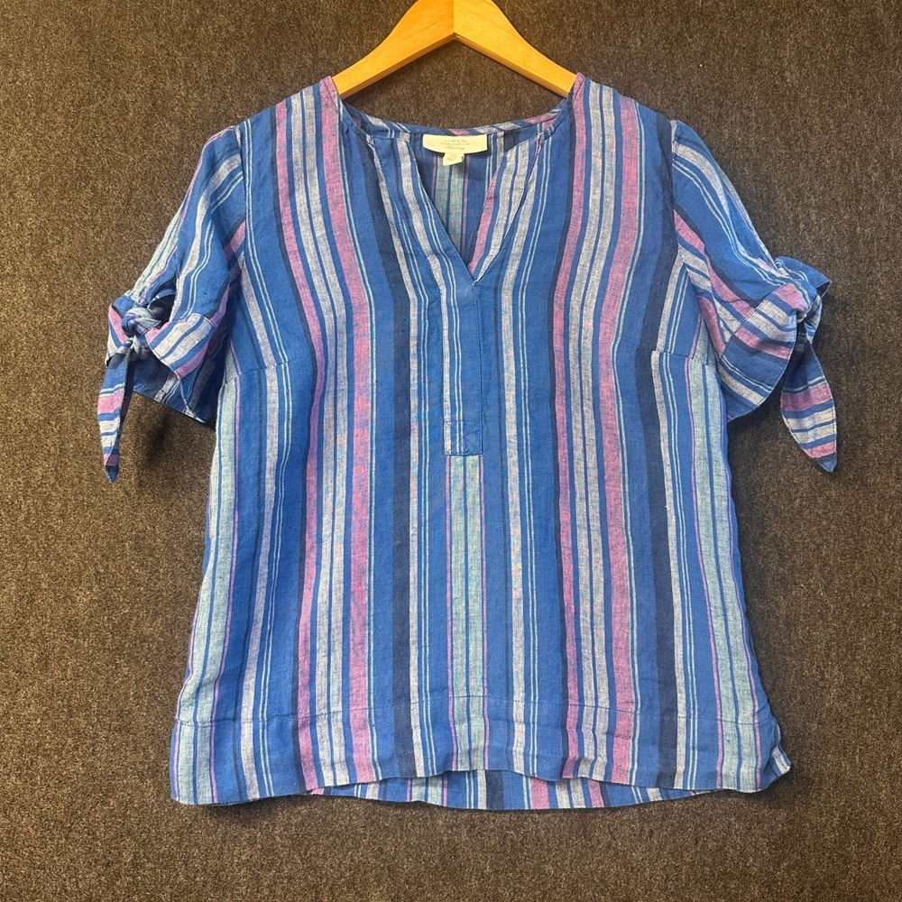 Charter Club Luxury 100% Linen Striped V-Neck Tie Sleeve Top Blue Boho XS